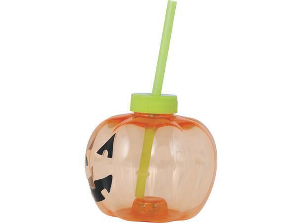 Gresskarkopp m/lys 1 Kopp m/lokk og sugerør m/lys - 17cm 