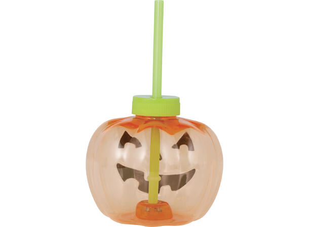 Gresskarkopp m/lys 1 Kopp m/lokk og sugerør m/lys - 17cm 