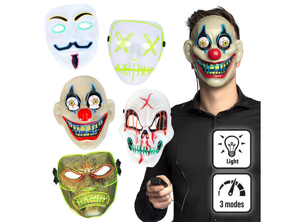 Halloweenmasker med LED-lys - 5 Ass Maske i plast m/LED-lys til voksen 