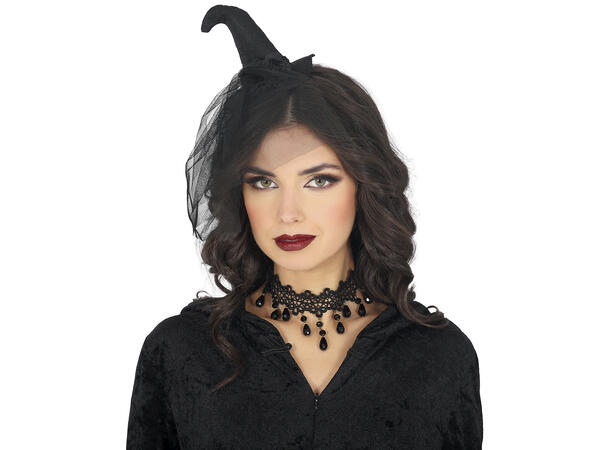 Heksehatt - mini - sort m/slør 1 Hatt m/strikk i polyester 