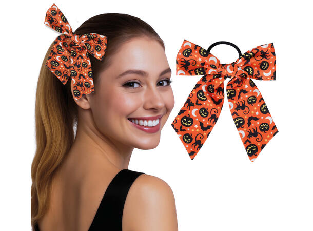 Hårsløyfe - Oransje m/Halloweendesign 1 Hårsløyfe m/strikk i PVC 