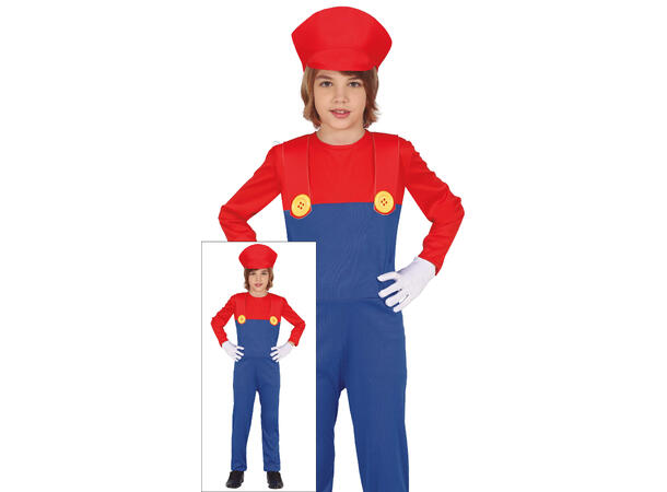 Italiensk rørlegger - rød/blå 1 Barnekostyme til gutt - Str 3-4 År 