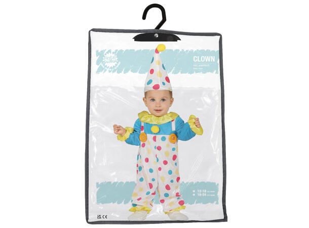 Klovn med prikker - Fargerik 1 Babykostyme - Str 12-18 Mnd 