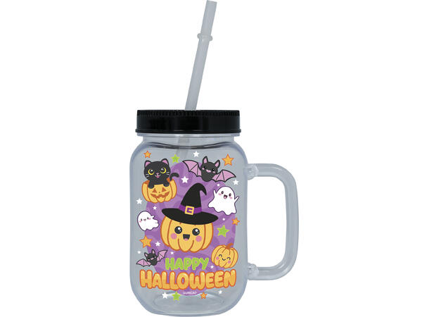 Kopp - "HAPPY HALLOWEEN" 1 Kopp m/lokk og sugerør i plast - 14cm 