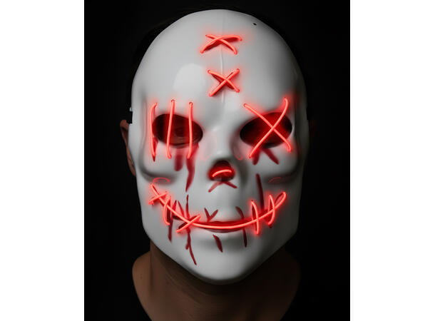 Maske - Hvit med rødt lys 1 Maske i metall/PVC m/Lys 
