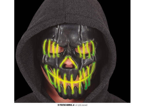 Maske - Skummelt smil - Sort m/grønt lys 1 Maske i metall/PVC m/Lys 