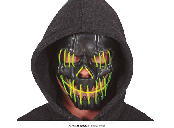 Maske - Skummelt smil - Sort m/grønt lys 1 Maske i metall/PVC m/Lys 