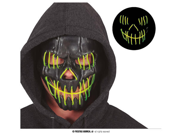 Maske - Skummelt smil - Sort m/grønt lys 1 Maske i metall/PVC m/Lys 
