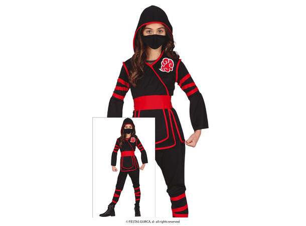 Ninja - Sort/Rød 1 Barnekostyme til jente - Str 7-9 År 