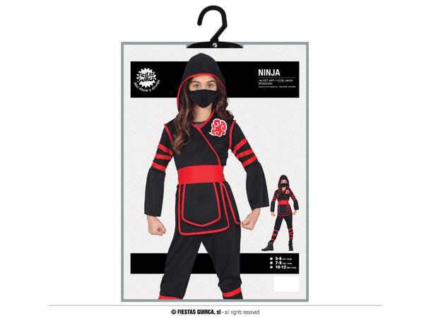 Ninja - Sort/Rød 1 Barnekostyme til jente - Str 7-9 År 