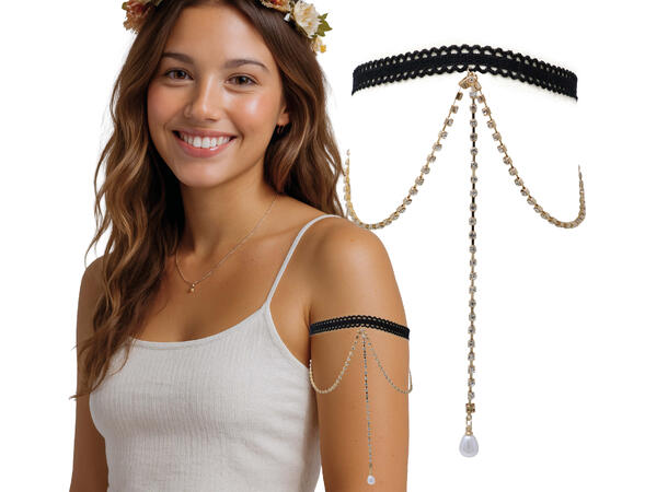 Overarmskjede i sort/gull m/diamanter 1 Kjede til overarm i metall/PVC 