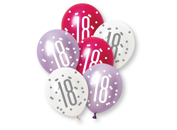 Rosa & Sølv Glitz - #18 6 Gummiballonger - 30cm (12") - 3 farger