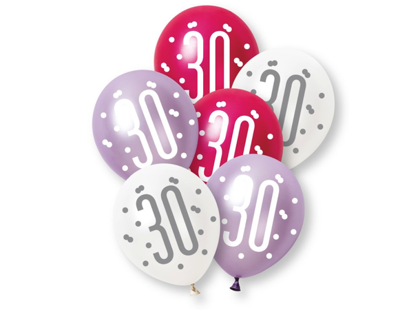 Rosa & Sølv Glitz - #30 6 Gummiballonger - 30cm (12") - 3 farger