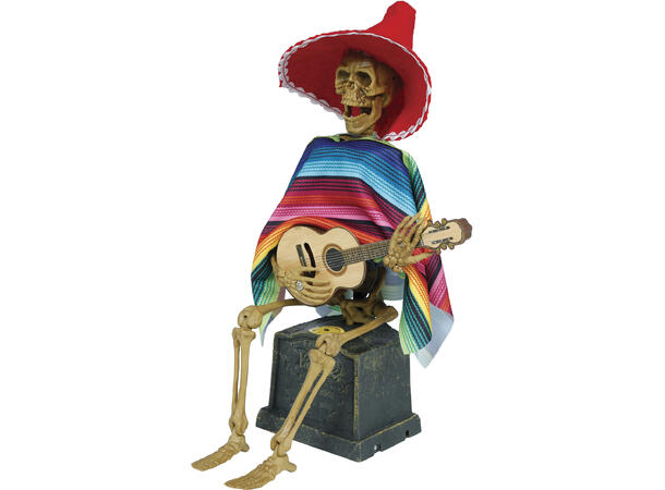 Skrekkfigur -Skjelett Mexikansk gitarist 1 Figur m/lyd/lys/begegelse - 32x10cm 
