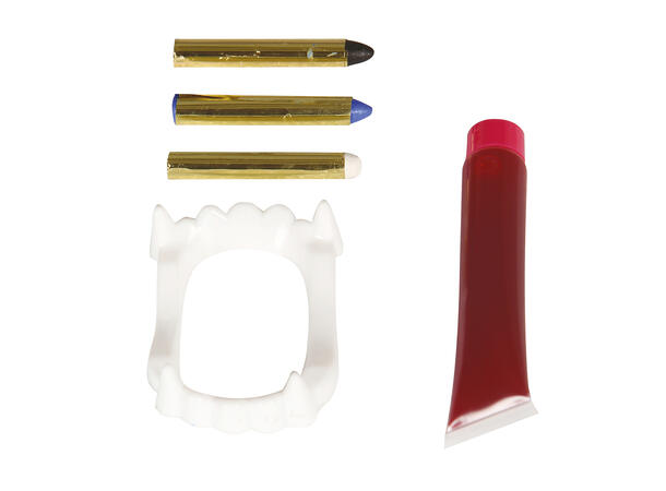 Sminkesett - Vampyr m/blod og tenner 1 Sett - 20ml blod og tenner i plast 