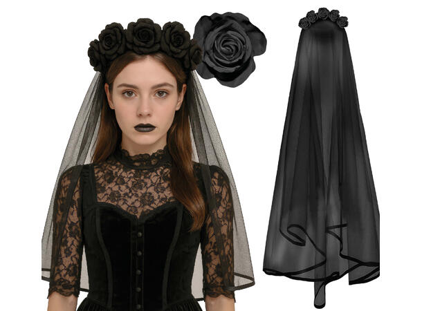 Sort slør med sorte roser 1 Hodepynt i Polyester/PVC 