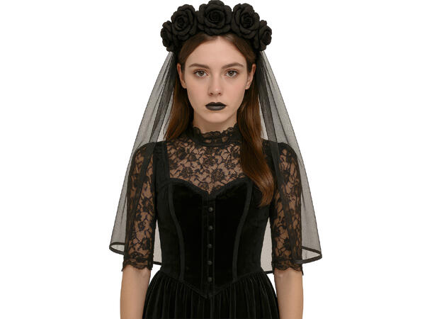 Sort slør med sorte roser 1 Hodepynt i Polyester/PVC 