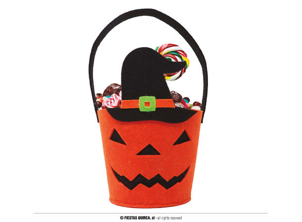 Trick or Treat -Gresskarkurv m/heksehatt 1 Godtekurv i filt - 25x13cm 