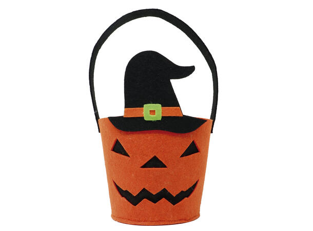 Trick or Treat -Gresskarkurv m/heksehatt 1 Godtekurv i filt - 25x13cm 