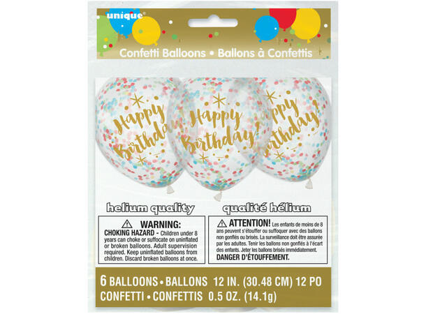 Konfettiballonger - Happy BirthdayGull 6 Konfettiballonger - 30cm (12")