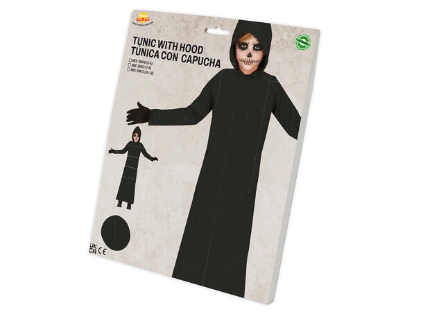 1 Tunika m/hette til barn - Sort Tunika m/hette i Polyester - Str 7-9år 