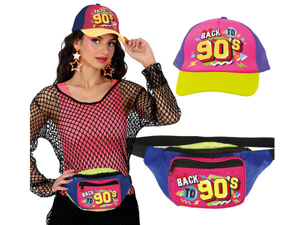 90-talls sett - Rosa/Gul/Bjlå 1 Caps og magetaske 