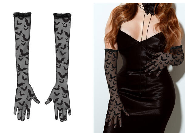 Blondehansker lange - Sorte m/flaggermus 1 Par hansker i polyester - 38cm 