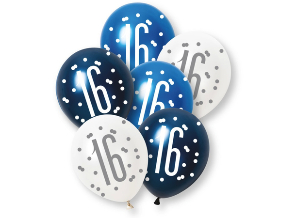 Blå & Sølv Glitz - #16 6 Gummiballonger - 30cm (12") - 3 farger