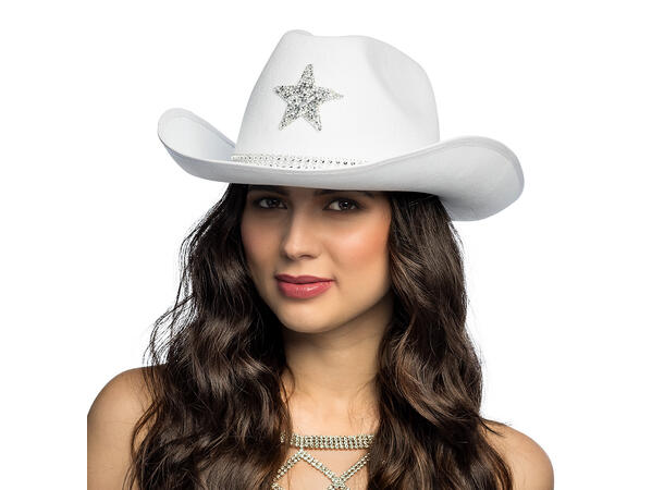 Cowboyhatt - Hvit m/glitter stjerne 1 Hatt til voksen - Onesize 