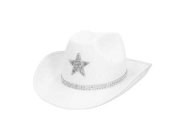 Cowboyhatt - Hvit m/glitter stjerne 1 Hatt til voksen - Onesize 