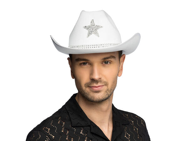 Cowboyhatt - Hvit m/glitter stjerne 1 Hatt til voksen - Onesize 