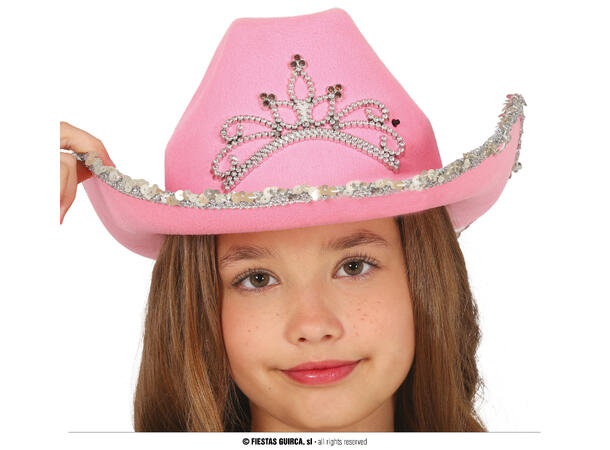 Cowboyhatt - Rosa m/krone og paljetter 1 Hatt i filt til barn - Onesize 