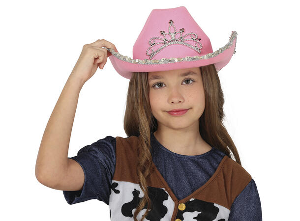 Cowboyhatt - Rosa m/krone og paljetter 1 Hatt i filt til barn - Onesize 