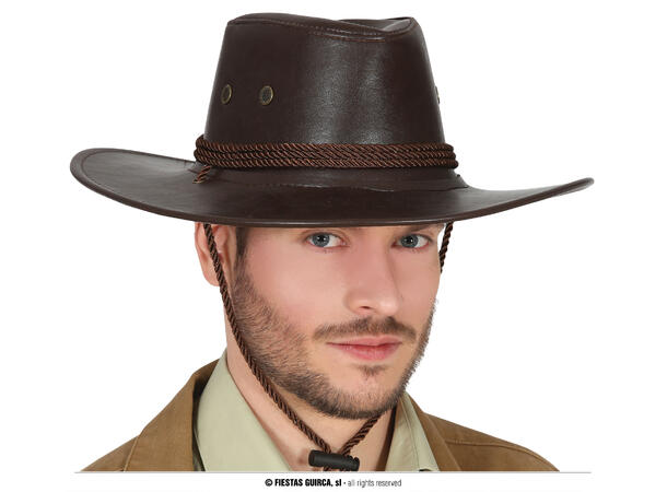 Cowboyhatt i skinnlook m/snor - Brun 1 Hatt i kunstlær til voksen - Onesize 
