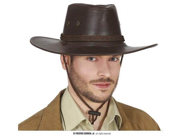Cowboyhatt i skinnlook m/snor - Brun 1 Hatt i kunstlær til voksen - Onesize 