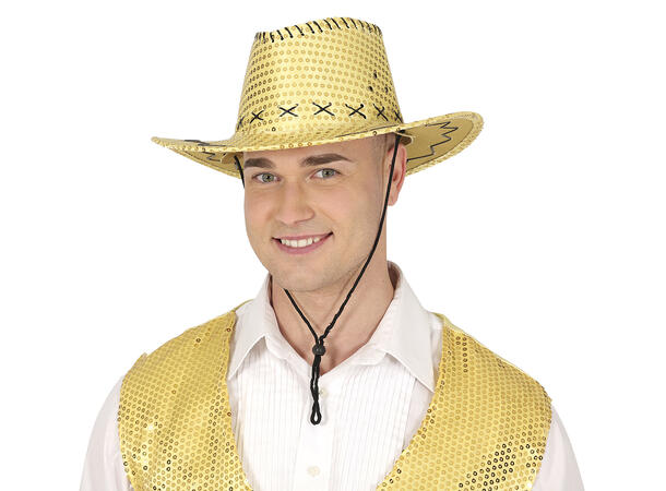 Cowboyhatt m/paljetter - Gull 1 Hatt i polyester til voksen - Onesize 