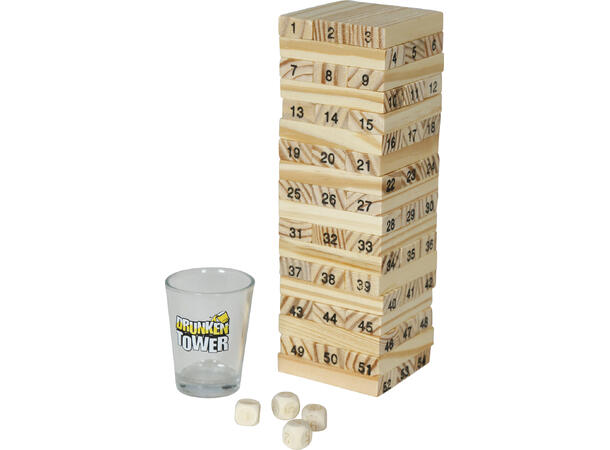 Drikkelek - Stabletårn Drikelek i tre m/terning og shotteglass 