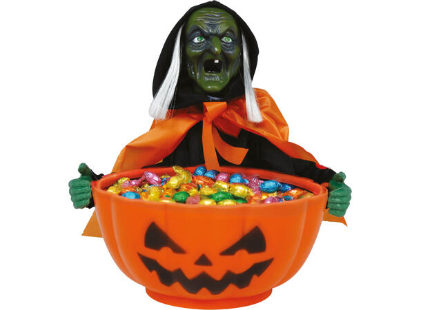 Godteskål med heks - Oransje 1 Bolle m/lyd/lys/begegelse - 30x27cm 