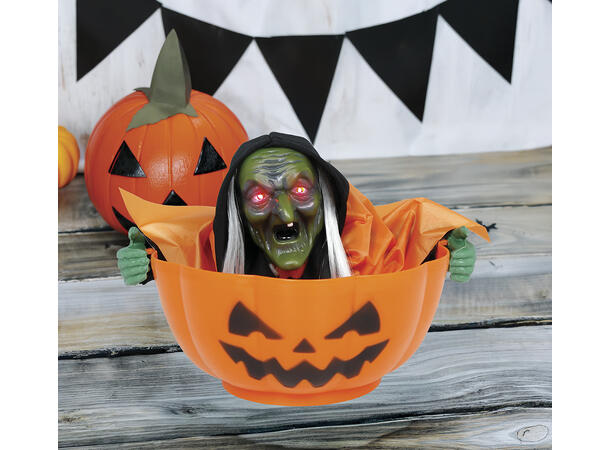 Godteskål med heks - Oransje 1 Bolle m/lyd/lys/begegelse - 30x27cm 