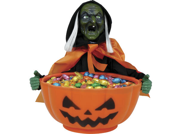 Godteskål med heks - Oransje 1 Bolle m/lyd/lys/begegelse - 30x27cm 