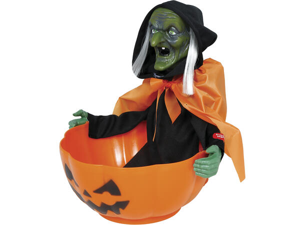 Godteskål med heks - Oransje 1 Bolle m/lyd/lys/begegelse - 30x27cm 