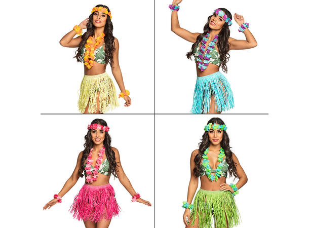 Hawaii sett - 4 farger assotert Skjørt, hodekrans, 2 armbånd, krans 