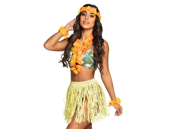 Hawaii sett - 4 farger assotert Skjørt, hodekrans, 2 armbånd, krans 