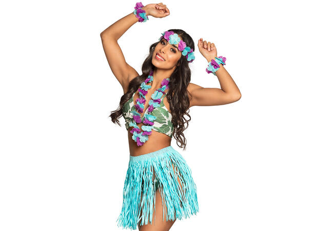 Hawaii sett - 4 farger assotert Skjørt, hodekrans, 2 armbånd, krans 