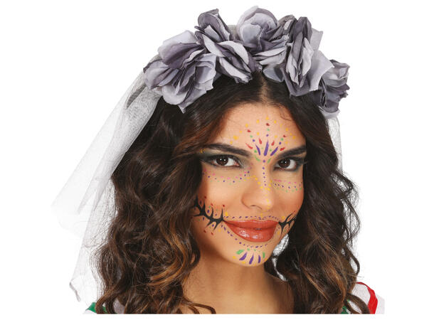 Hårbøyle med grå blomster og slør 1 Hårbøyle i PVC/Polyester 