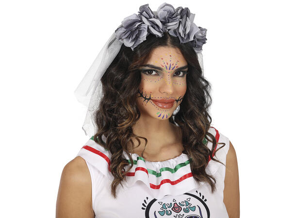 Hårbøyle med grå blomster og slør 1 Hårbøyle i PVC/Polyester 