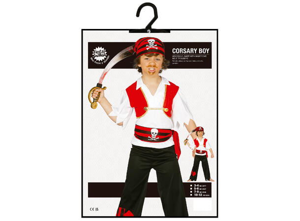 Piratkostyme - Rød/Sort/Hvit 1 Barnekostyme til gutt - Str 3-4 År 