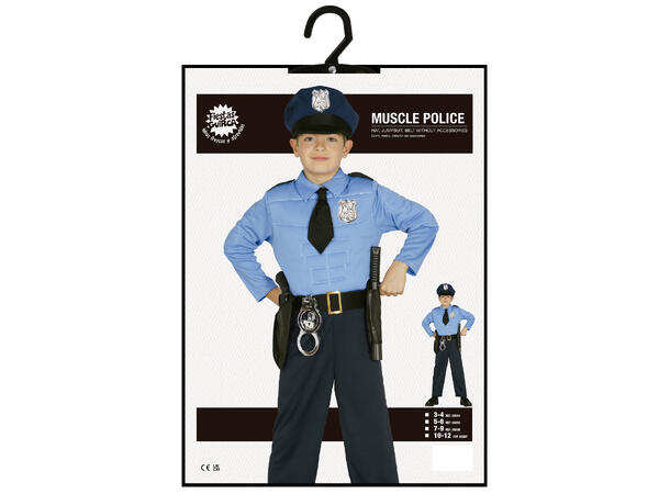 Politimann - Blå/Lyseplå m/muskler 1 Barnekostyme til gutt - Str 10-12 År 