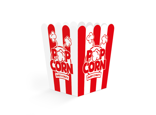 Popcorn beger - Røde striper 8 Popcornbokser i papir - 6,3x6,3x10,5cm 