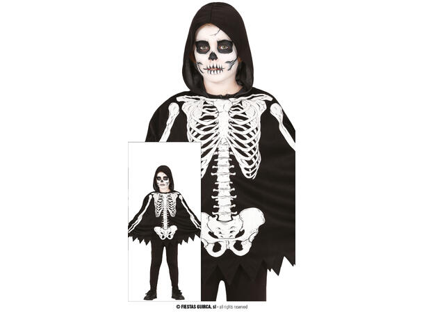 Skjelettdrakt - Poncho og hette - Sort 1 Barnekostyme Unisex - Str 7-9 År 
